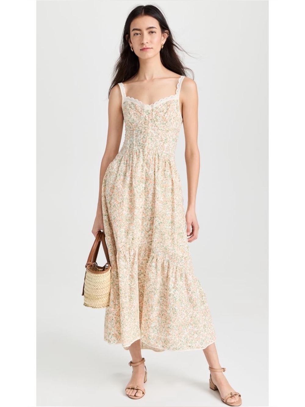 ASTR The Label | NWOT Yamila Lace Trim Midi Dress in Peachy Green, Size Small